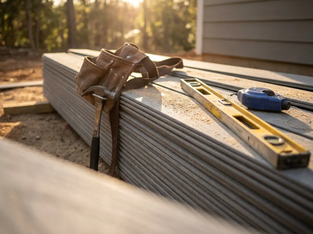 A tool belt, spirit level and chalk line resting on a stack of fiber-cement siding planks at a job site