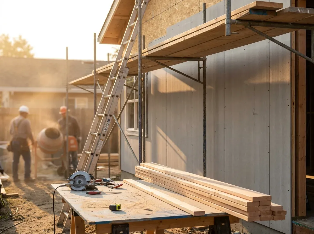 An Elevation Pro crew installing James Hardie fiber-cement siding on a partly-built backyard cottage