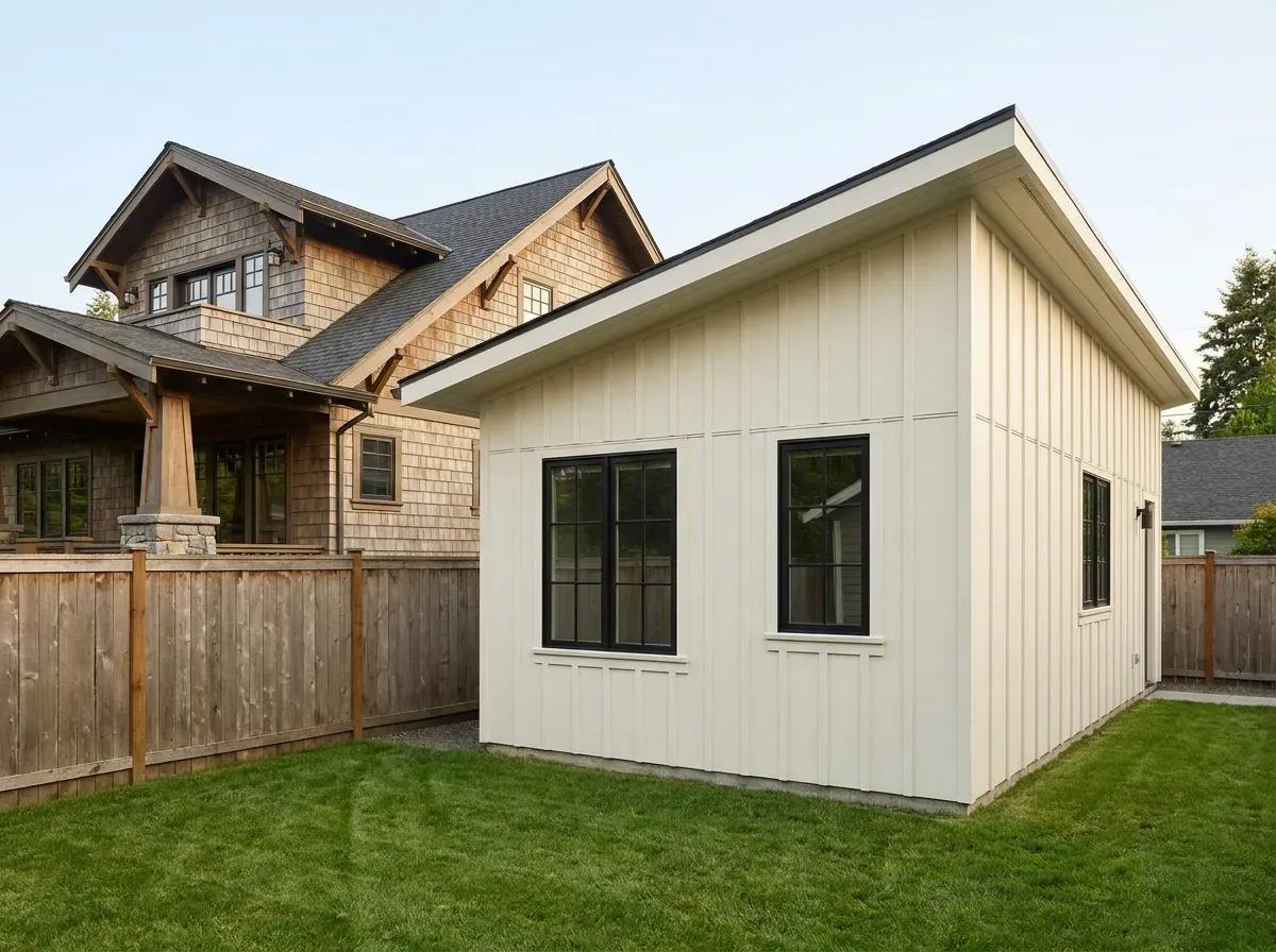 A modern detached backyard cottage (DADU) with James Hardie fiber-cement siding behind a Pacific Northwest craftsman home