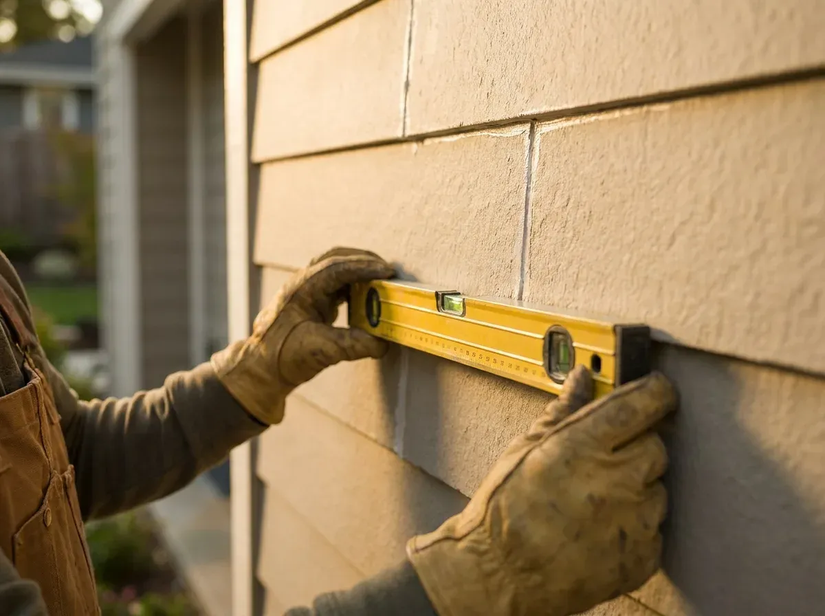 Elevation Pro crew hands at work — a level held to fresh James Hardie fiber-cement siding