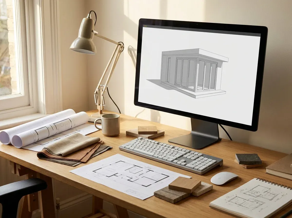 A designer's desk with a 3D model of a modern detached ADU and printed floor plans