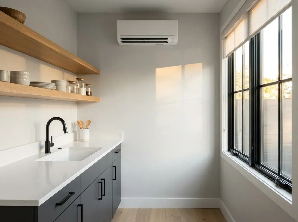 Modern ADU kitchen finish detail — quartz counter, black hardware, a mini-split head and a black-framed window