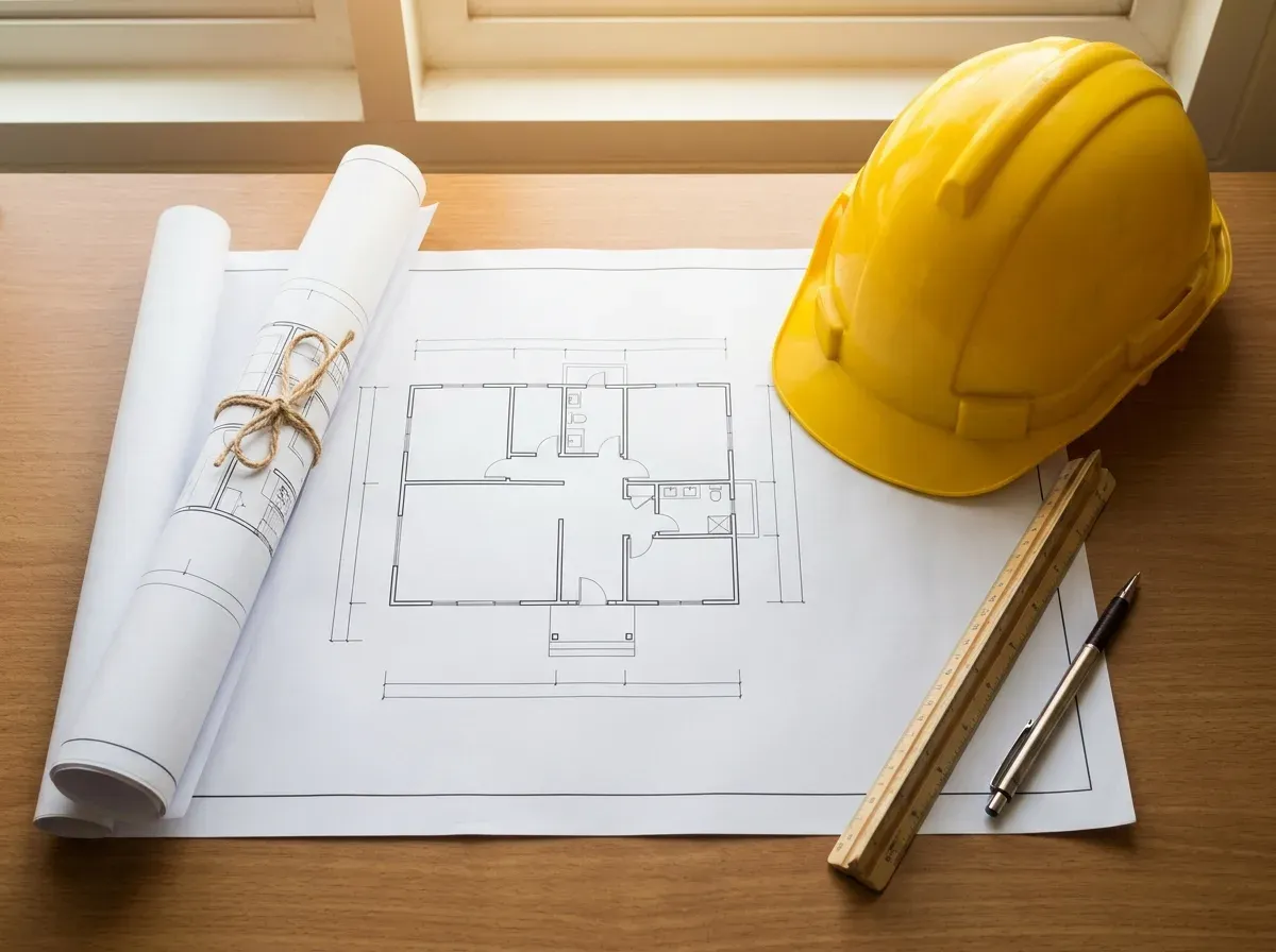 Architectural permit drawings for a small home with a rolled blueprint, a hard hat and a scale ruler on a desk