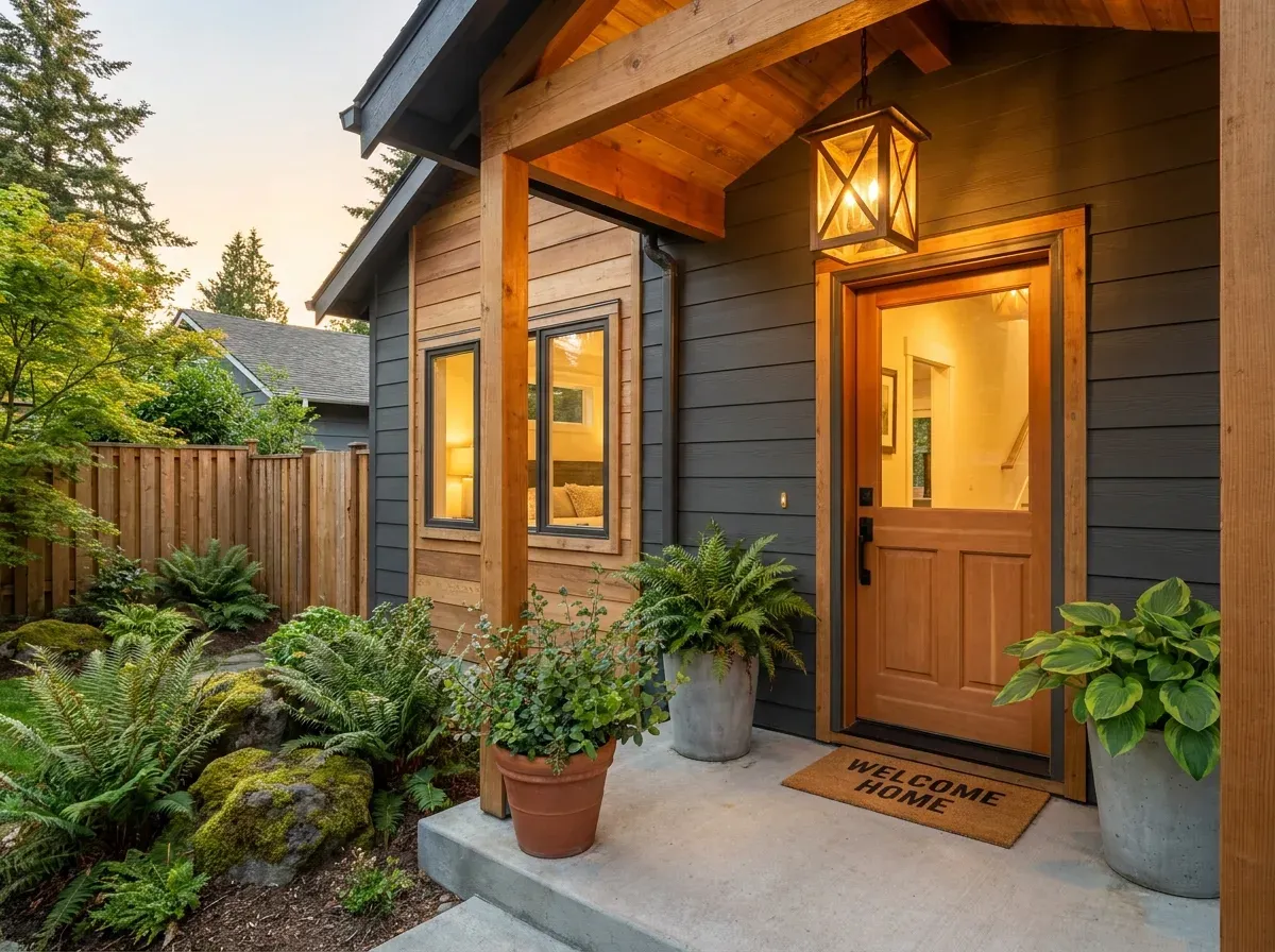 The welcoming covered entry of a finished modern backyard cottage at golden hour with warm porch light