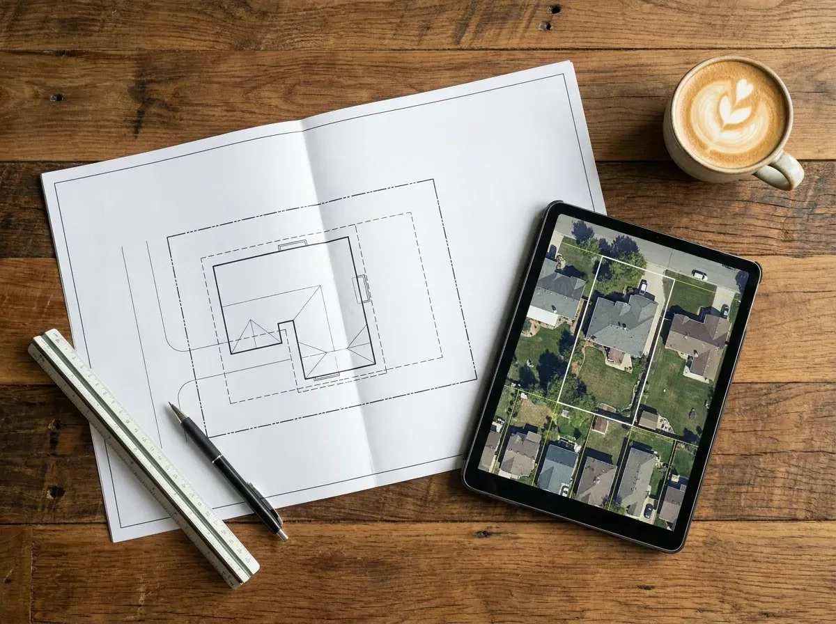 A feasibility study concept — a property lot outline with zoning setback and critical-area overlays