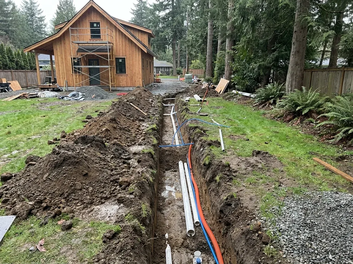 A utility trench with sewer, water and electrical lines being run across a backyard to a new cottage