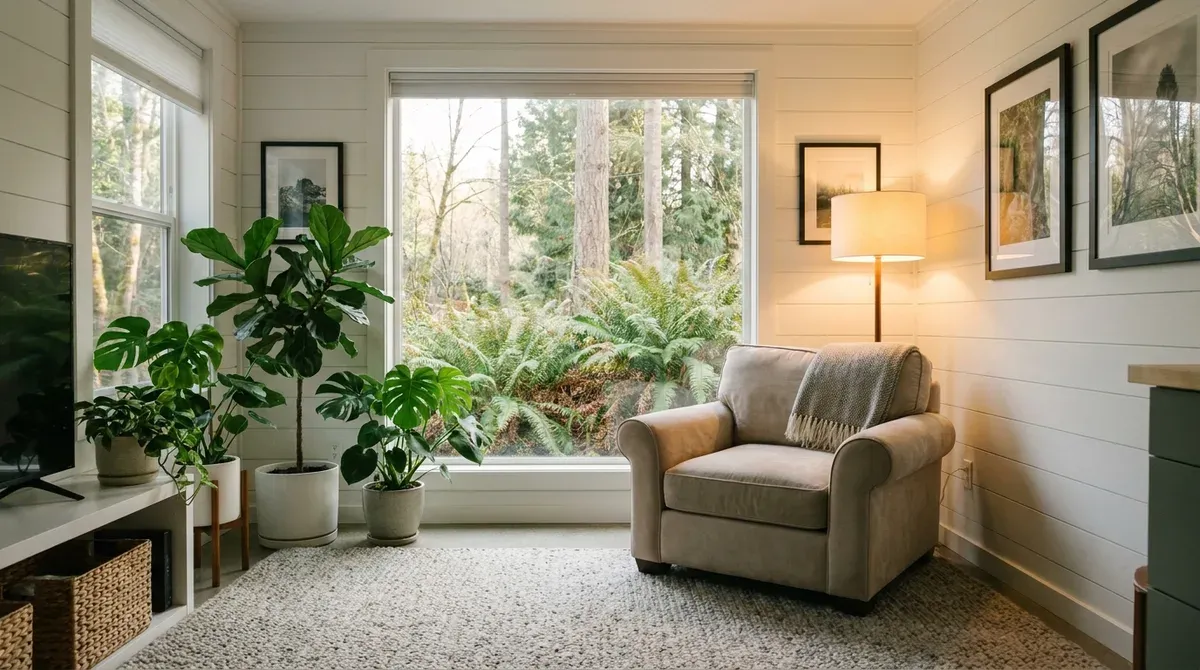 A warm living room inside an ADU set up as independent living space for a parent