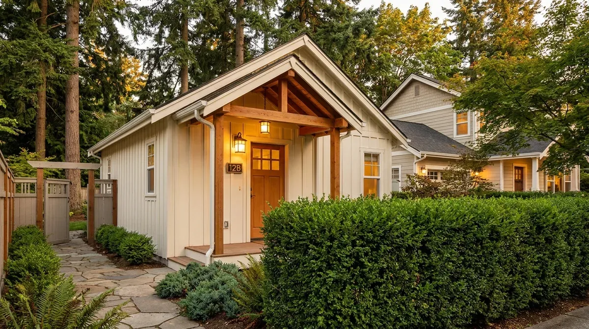 A detached backyard rental ADU with its own private entrance and covered porch