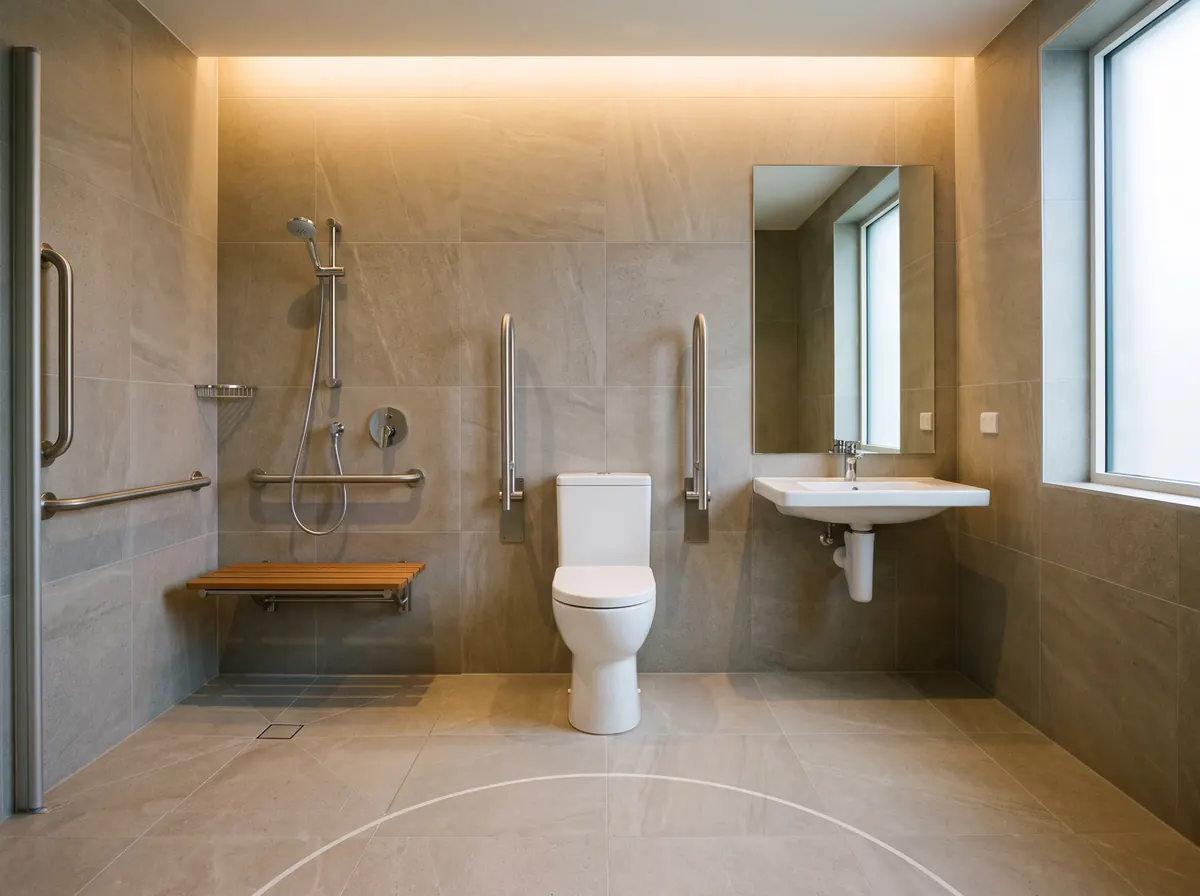 Fully wheelchair-accessible adult family home bathroom with a curbless roll-in shower, a toilet with grab bars on both sides, a roll-under sink and clear turning space
