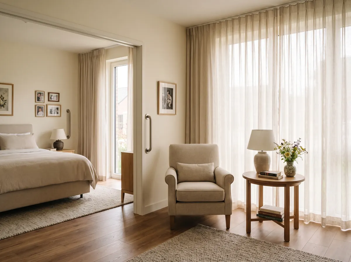 Warm accessible ground-floor bedroom in an adult family home with a grab bar and wide clear floor space