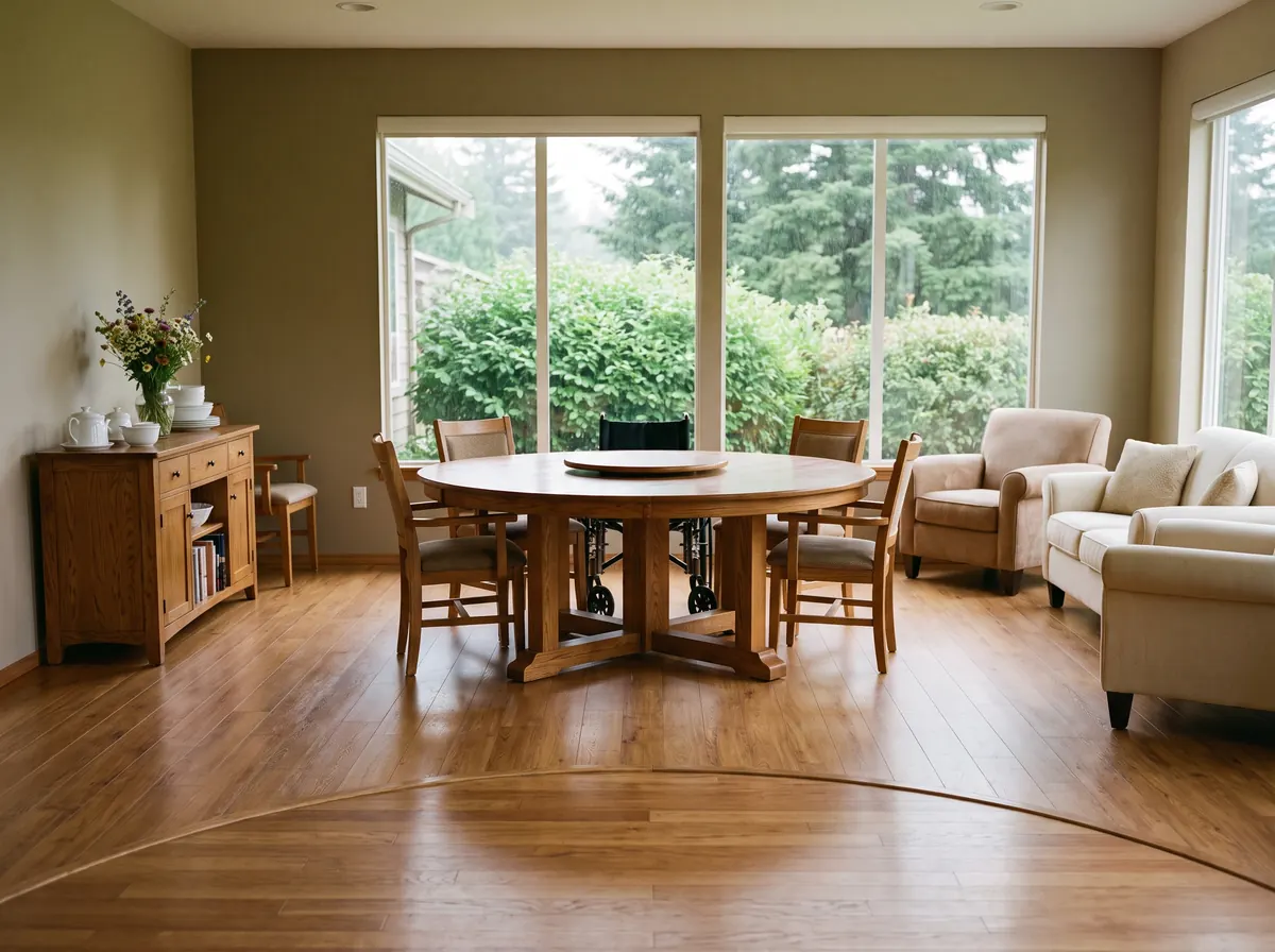 Bright accessible dining and common area with clear wheelchair turning space in an adult family home