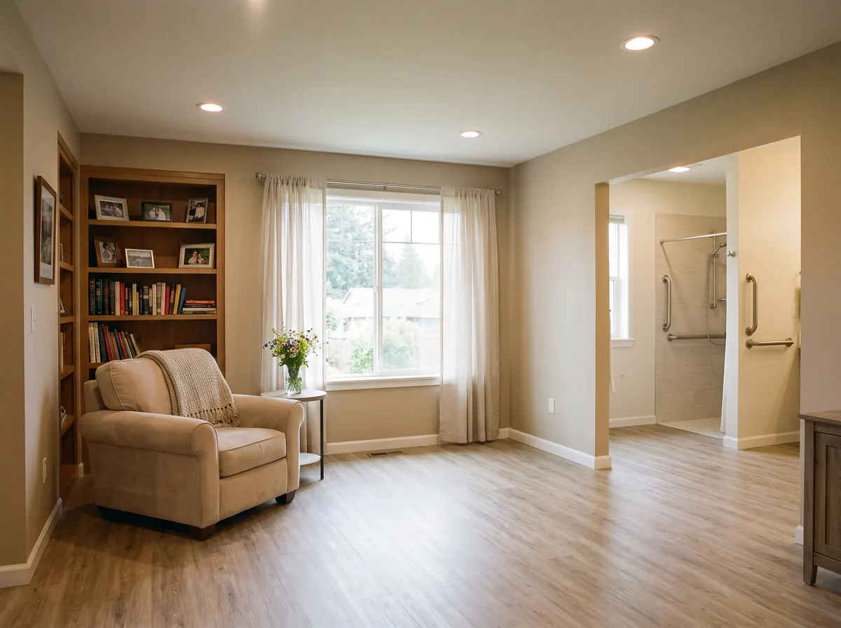 A former garage converted by Elevation Pro into bright accessible adult-family-home living space with a roll-in shower