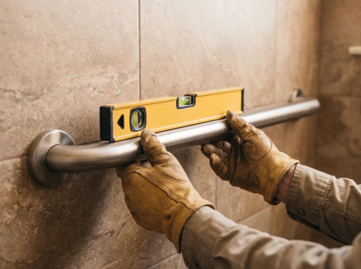 A builder's hands checking a freshly installed stainless grab bar with a spirit level in a warm tiled bathroom