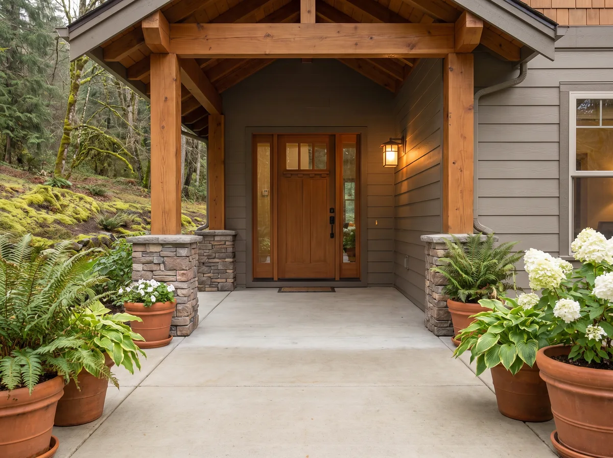 Accessible zero-step home entrance with a flush no-threshold door and level walkway under a covered craftsman porch