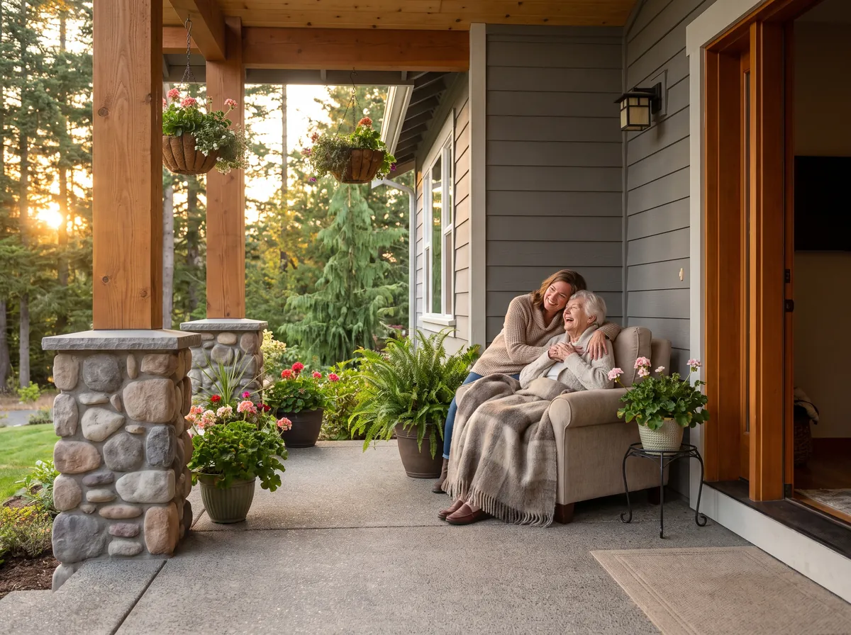 An adult daughter embracing her senior mother on the covered porch of a warm accessible craftsman home