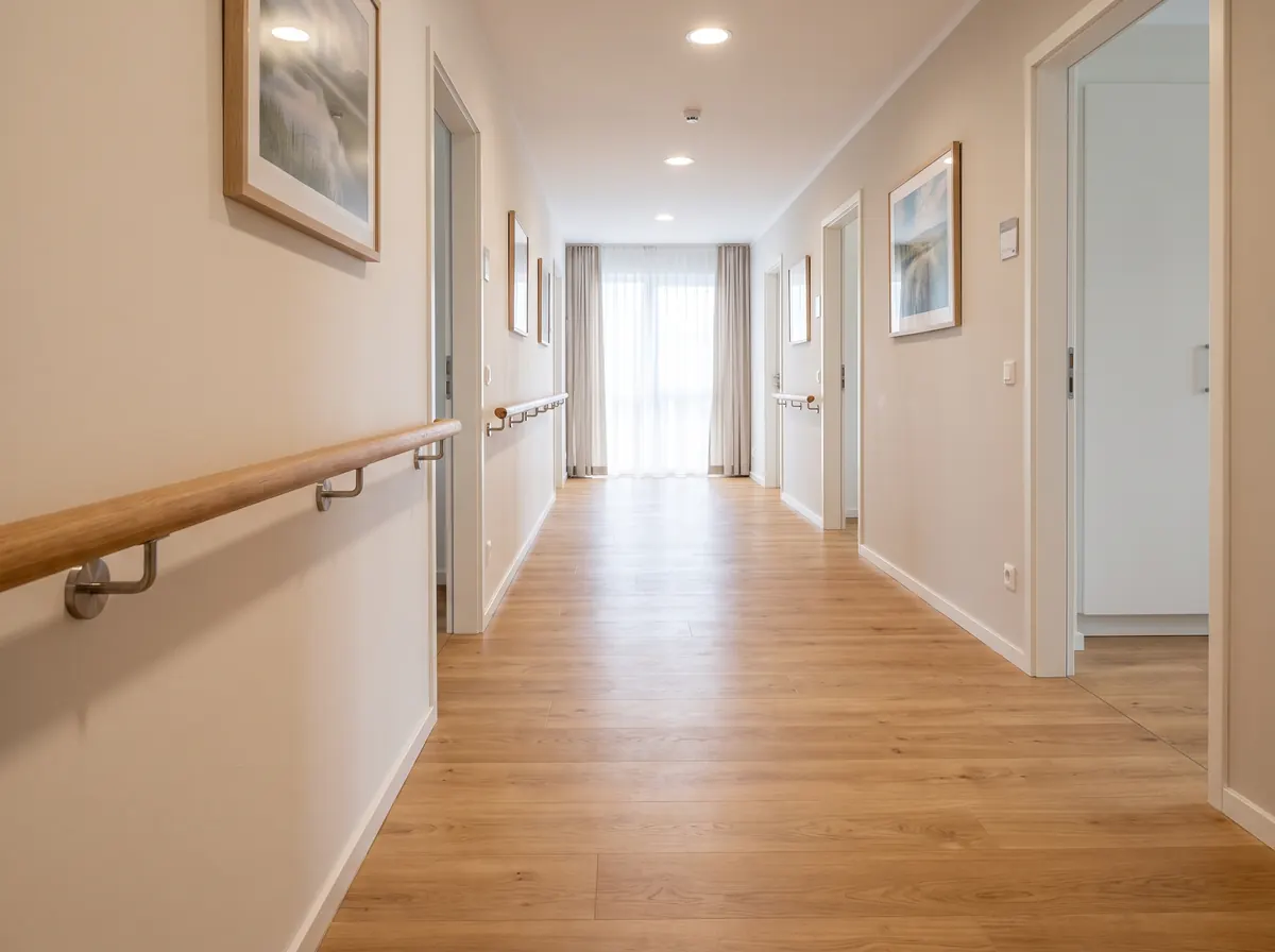 Wide adult family home hallway with a continuous handrail running along the wall for walker and wheelchair users