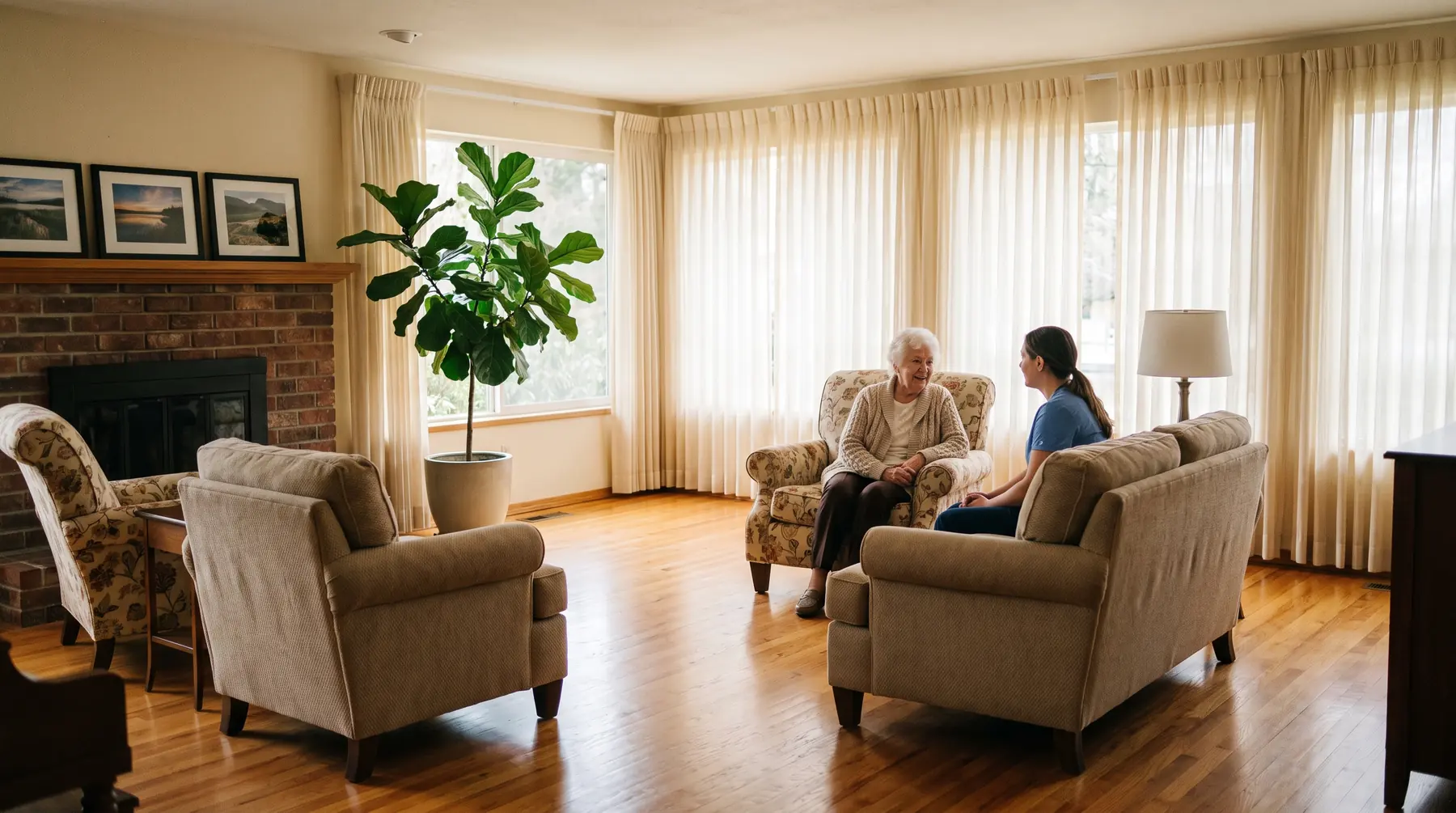 Warm, accessible shared living room of an adult family home with a senior resident and caregiver