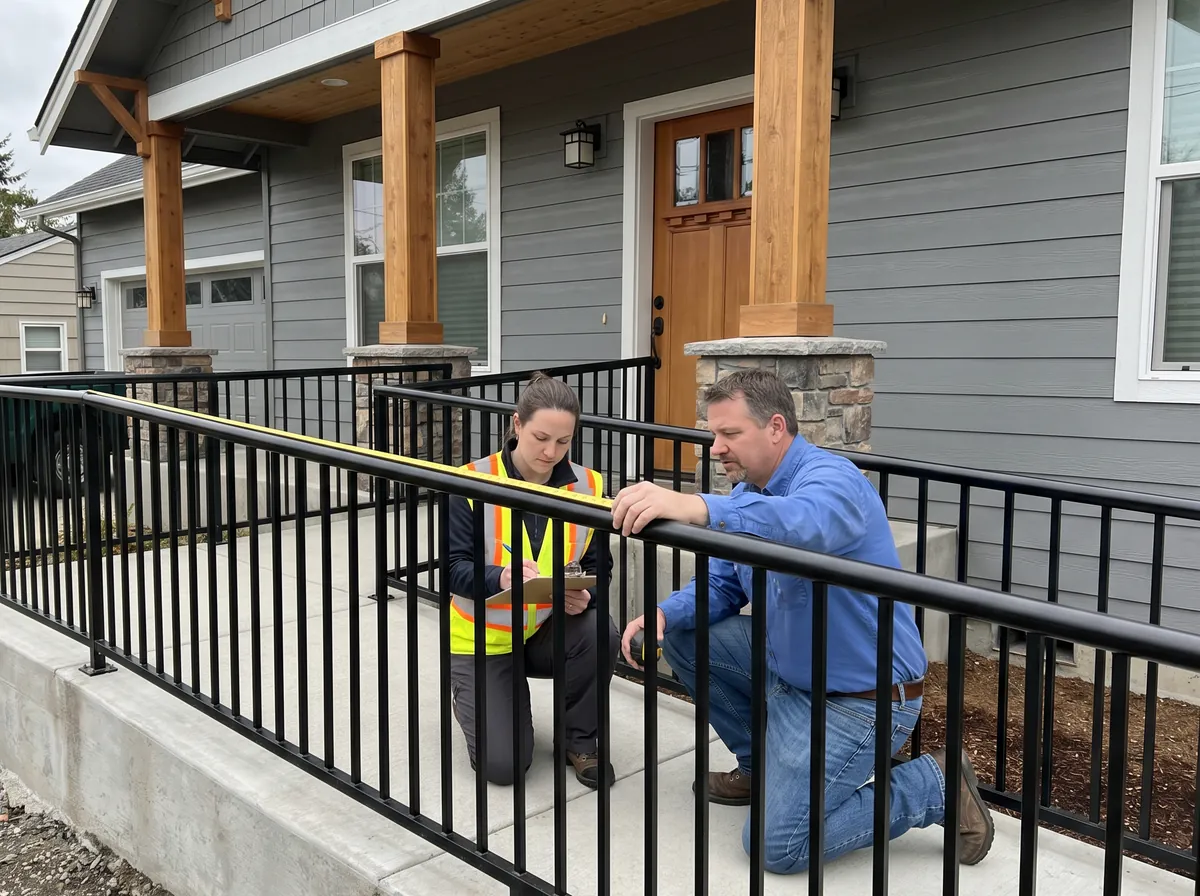 A building inspector with a clipboard and a contractor measuring the handrail of an accessible ramp at a craftsman home entry