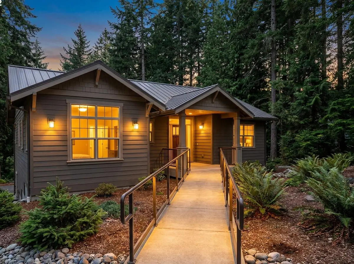 A single-story accessible home at dusk with a gentle ramp entry and handrails on both sides, warm light in the windows