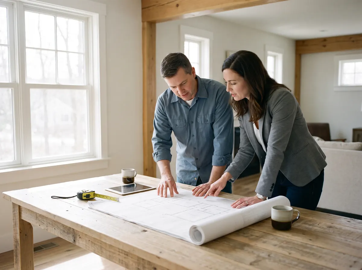 An Elevation Pro contractor and an investor reviewing adult family home floor plans together at a table