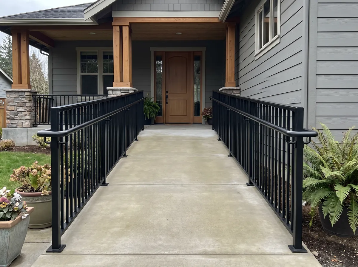 Wheelchair-access ramp with a closed picket guard and continuous graspable handrails on both sides, leading to the no-threshold front door of an adult family home