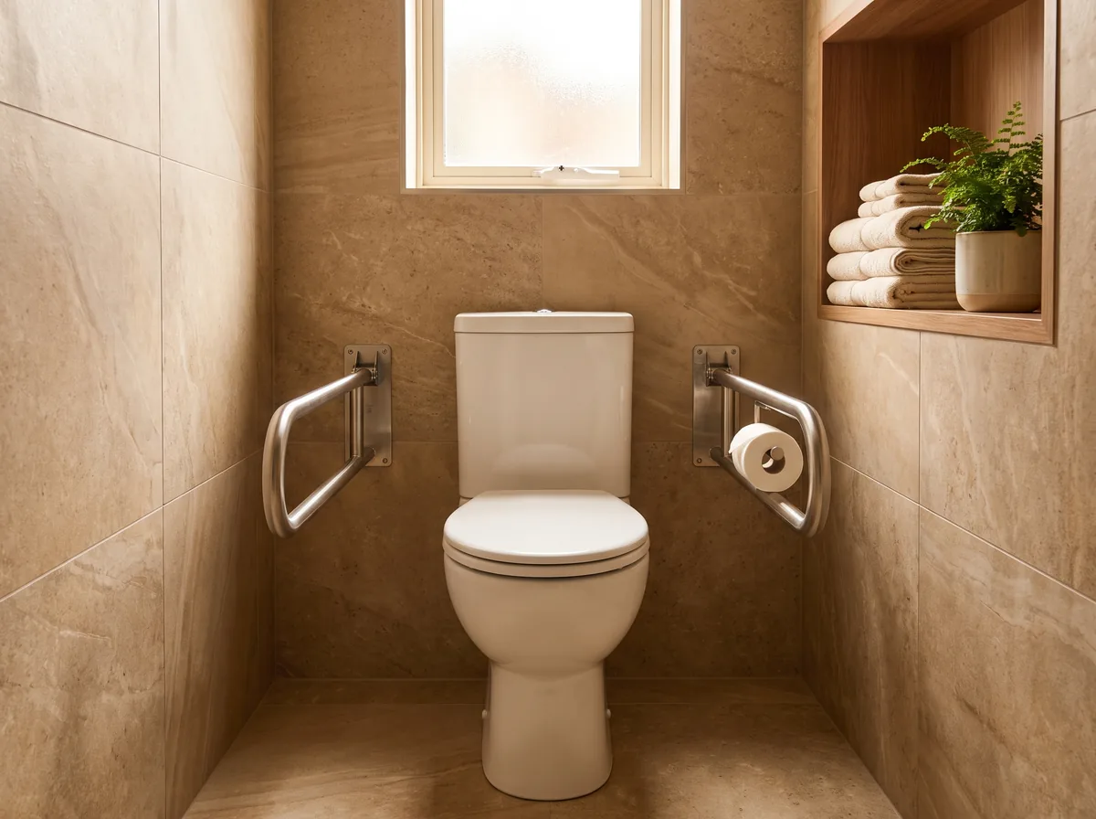 Accessible toilet with grab bars on both sides — a fixed side-wall bar and a fold-down bar — to steady yourself getting on and off
