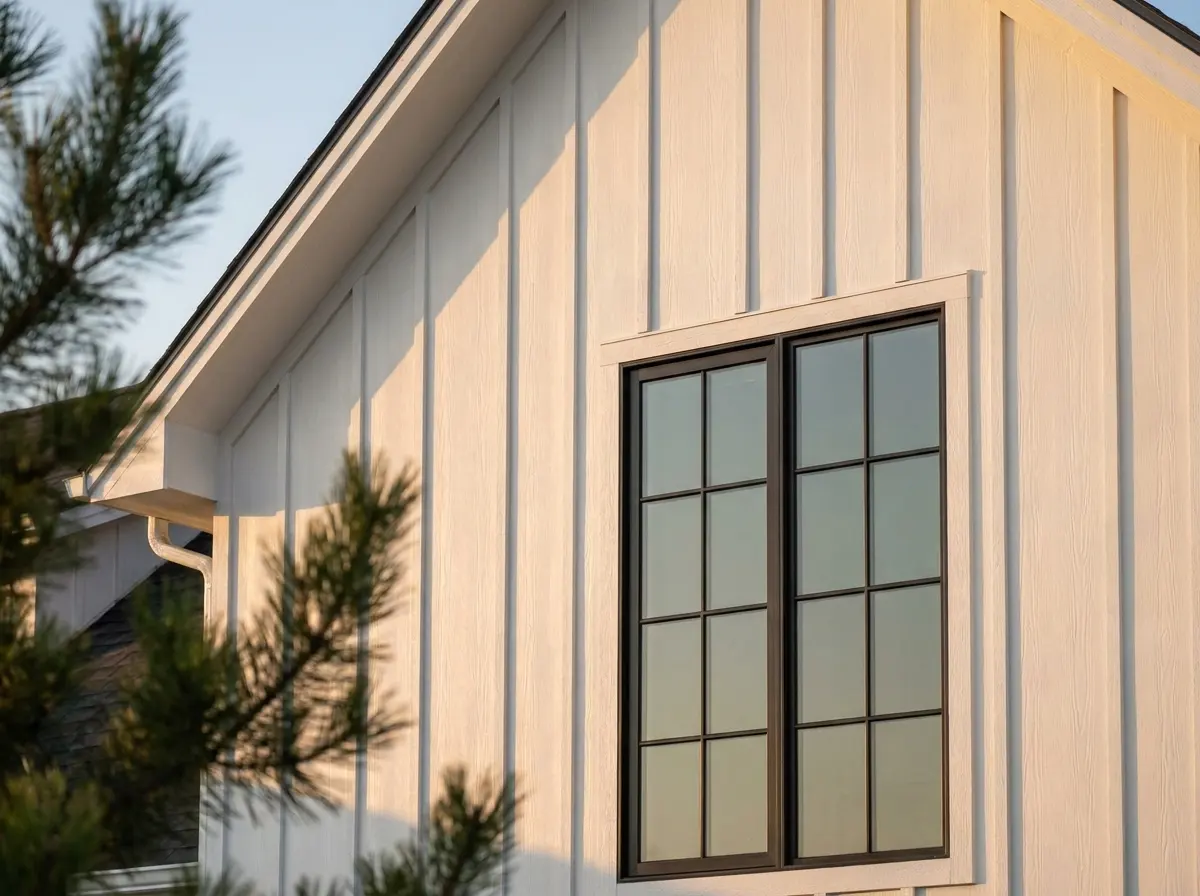 White factory-finished board-and-batten siding on a modern farmhouse gable with a black-framed window