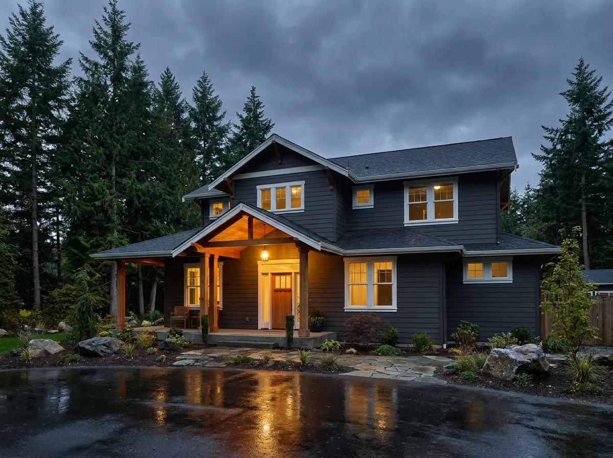 A two-story Pacific Northwest craftsman home with fresh charcoal James Hardie lap siding at dusk, warm light in the windows