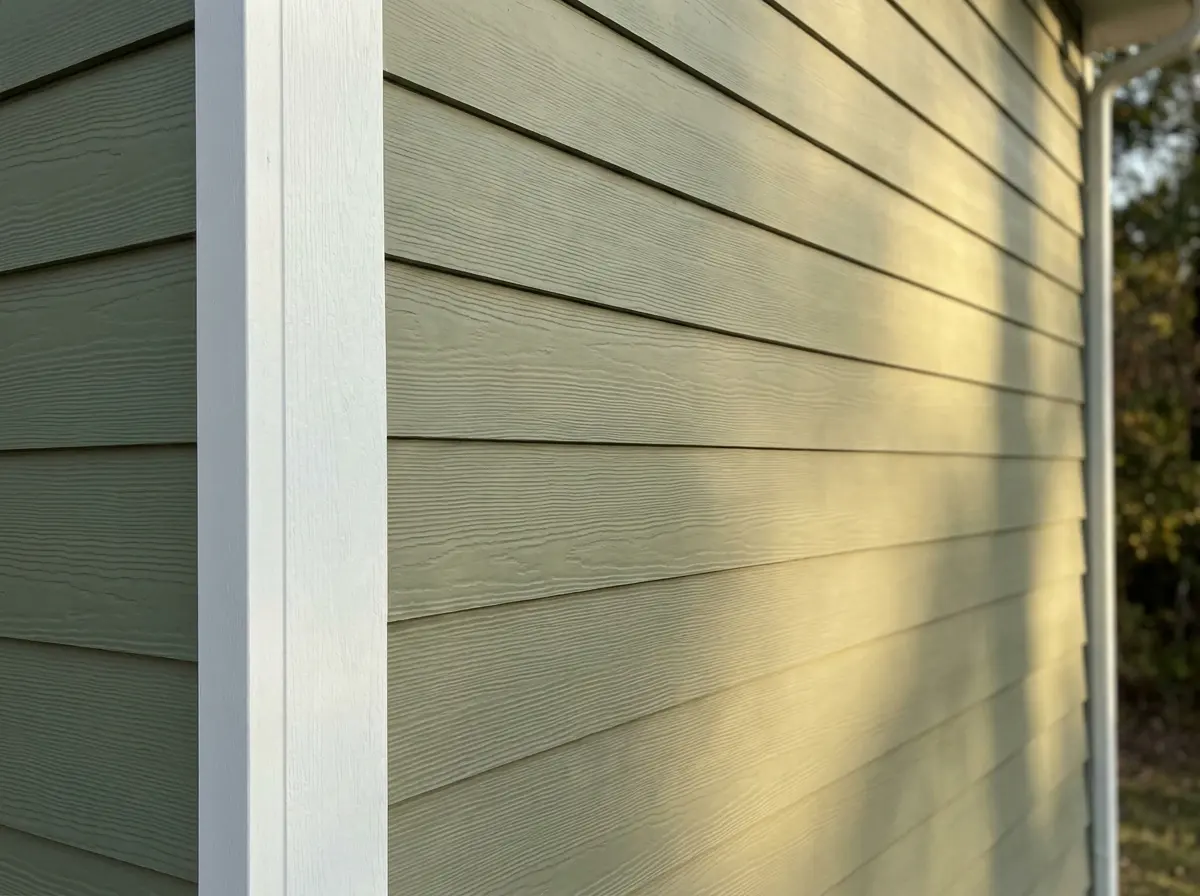 Sage-green HardiePlank lap siding detail with crisp white corner trim in warm afternoon light