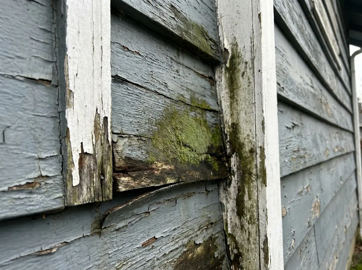 Old worn siding with peeling paint, warped boards and moss — clear signs it is time to replace