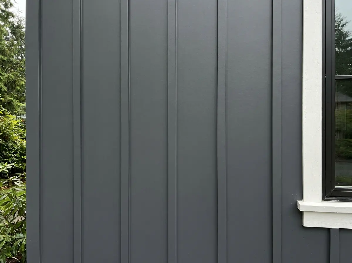 Deep iron-gray vertical fiber-cement panel siding with clean batten lines on a modern home