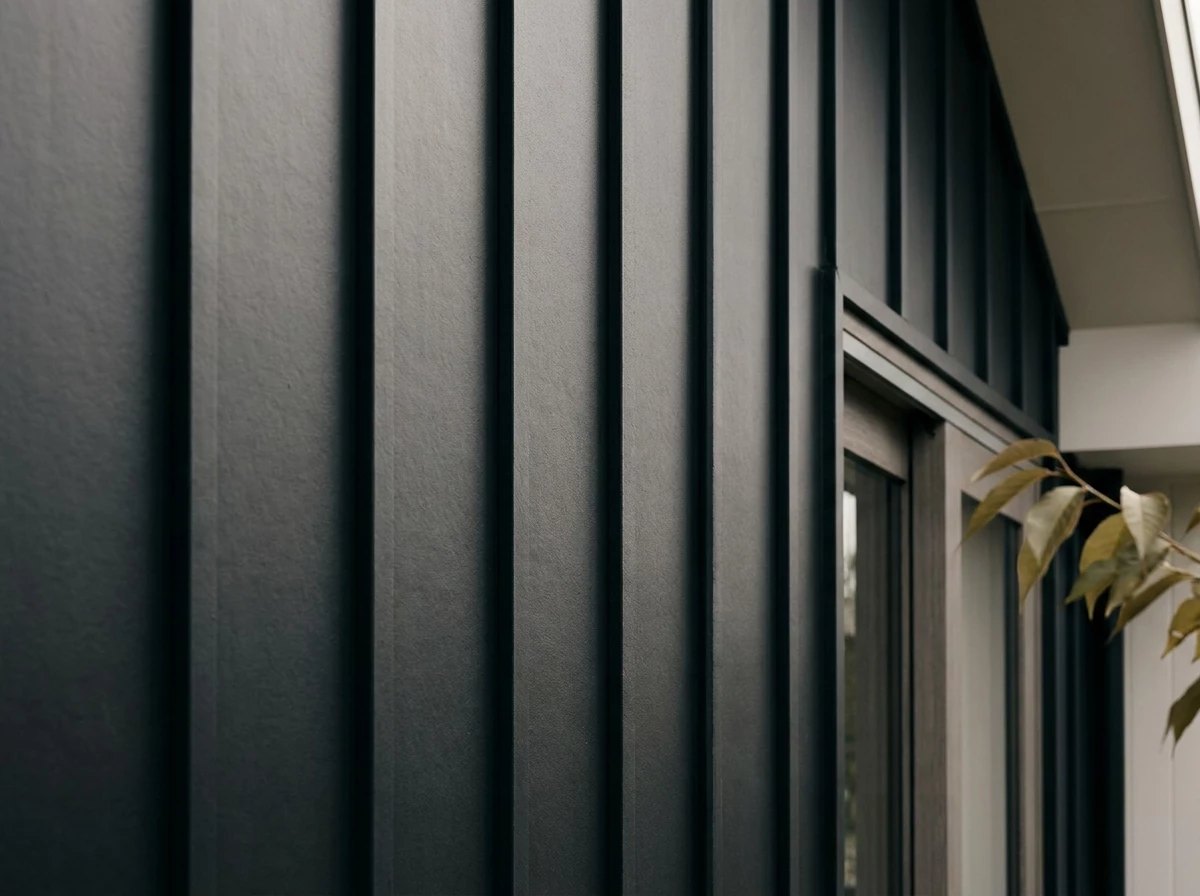 Charcoal board-and-batten siding wrapping a corner beside a window