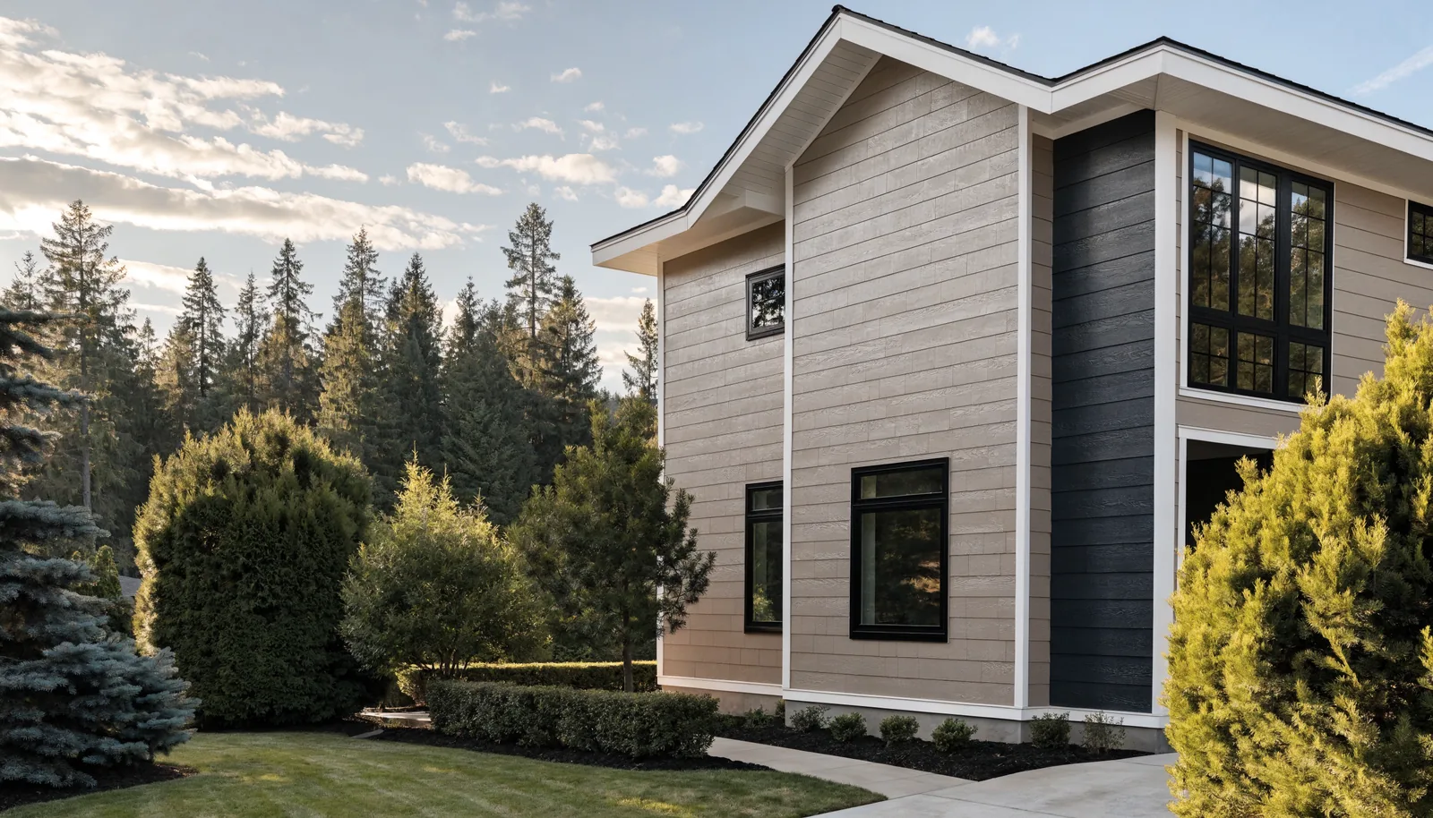 Modern Pacific Northwest home clad in warm-grey horizontal Hardie lap siding with vertical panel accents